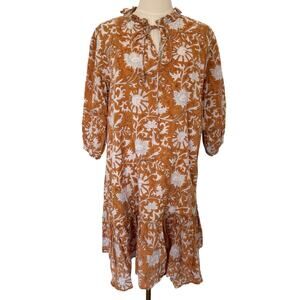 Mods Mahal M Boho Floral Cotton Ruffle Hem Mini Dress Brown White Made in India
